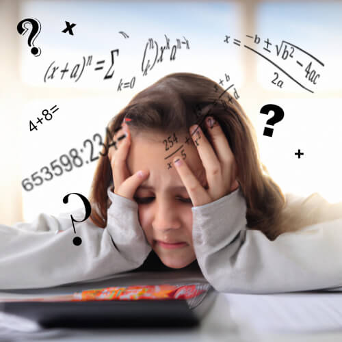 Photo of youthfull girl frustrated at mathematic, calculator on table, white background with numbers and arithmetic signs