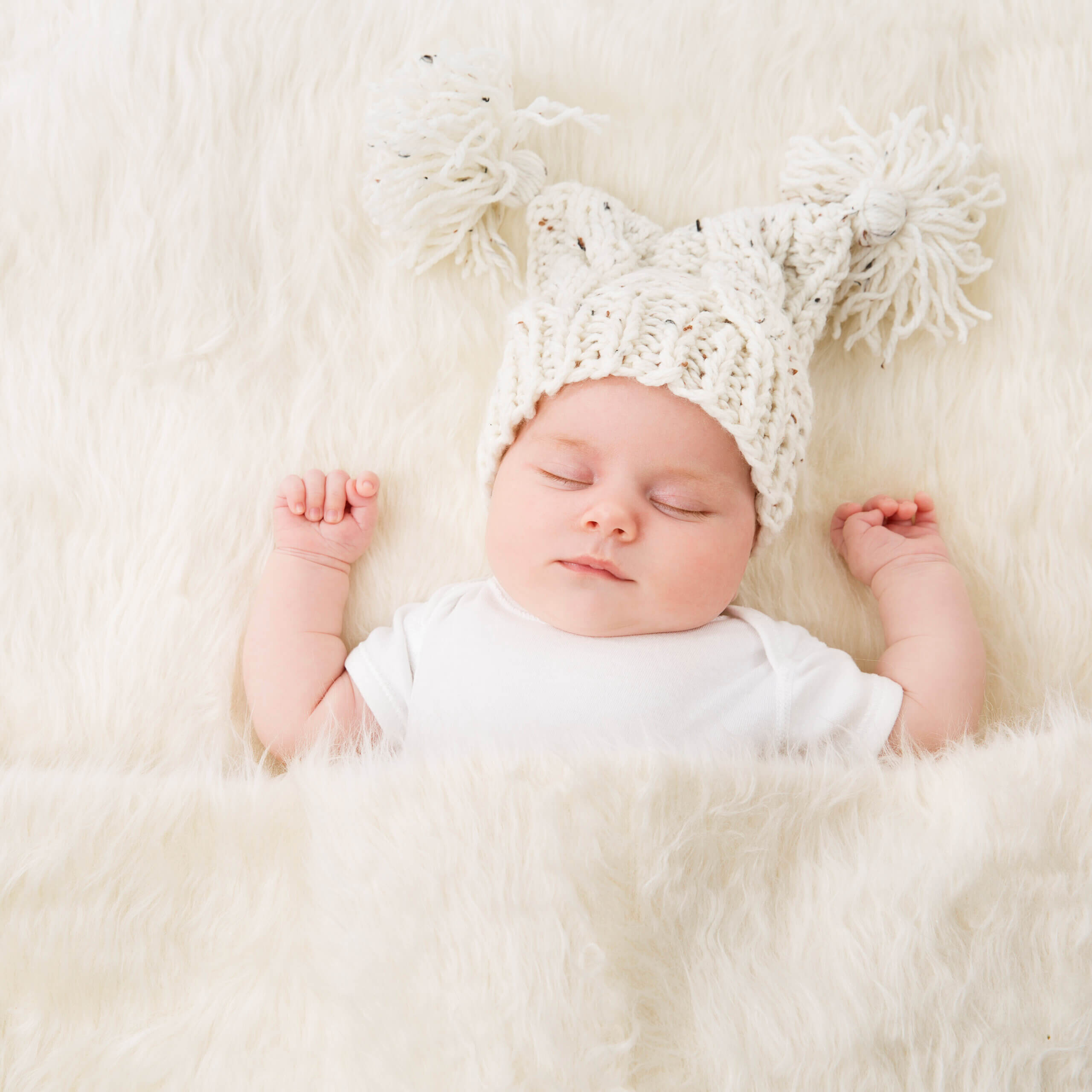 Sleeping Baby, New Born Kid Sleep in Hat, Beautiful Newborn Infant in Bed, One month old