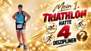 Meike Hohenwarter beim Triathlon in Podersdorf, Schriftzug: 4 Disziplinen