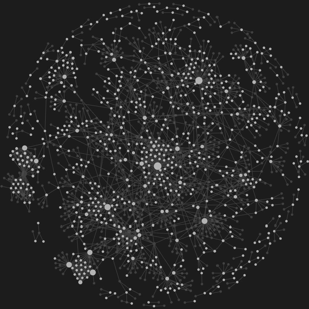 Graph-Ansicht von Meike Hohenwarters Zettelkasten in Obsidian: hunderte Notizen, durch Linien miteinander verbunden