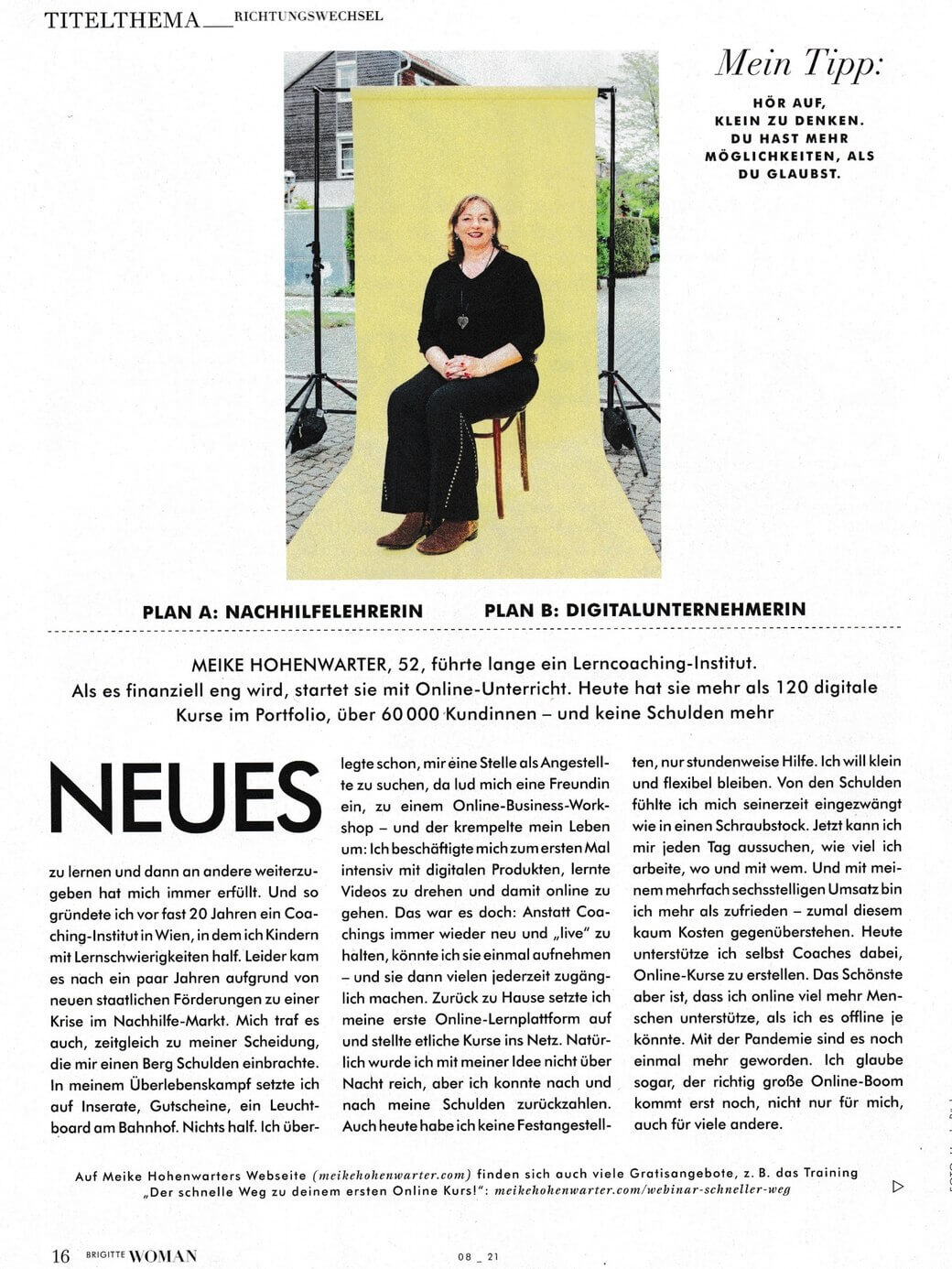 Portr&auml;t von Meike Hohenwarter in BRIGITTE WOMAN: Plan A Nachhilfelehrerin, Plan B Digitalunternehmerin