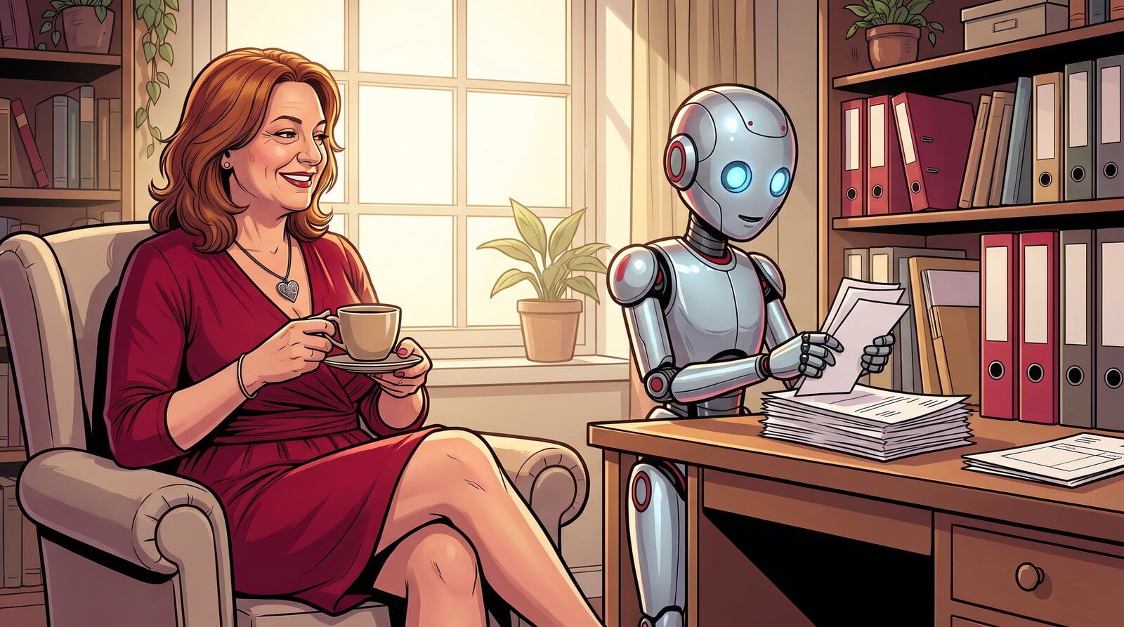 Comic: Meike entspannt, ein Roboter sortiert ihre Belege