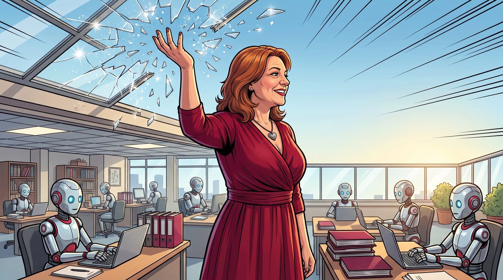 Comic: Meike durchbricht eine gläserne Decke, darunter arbeiten ihre KI-Abteilungen weiter
