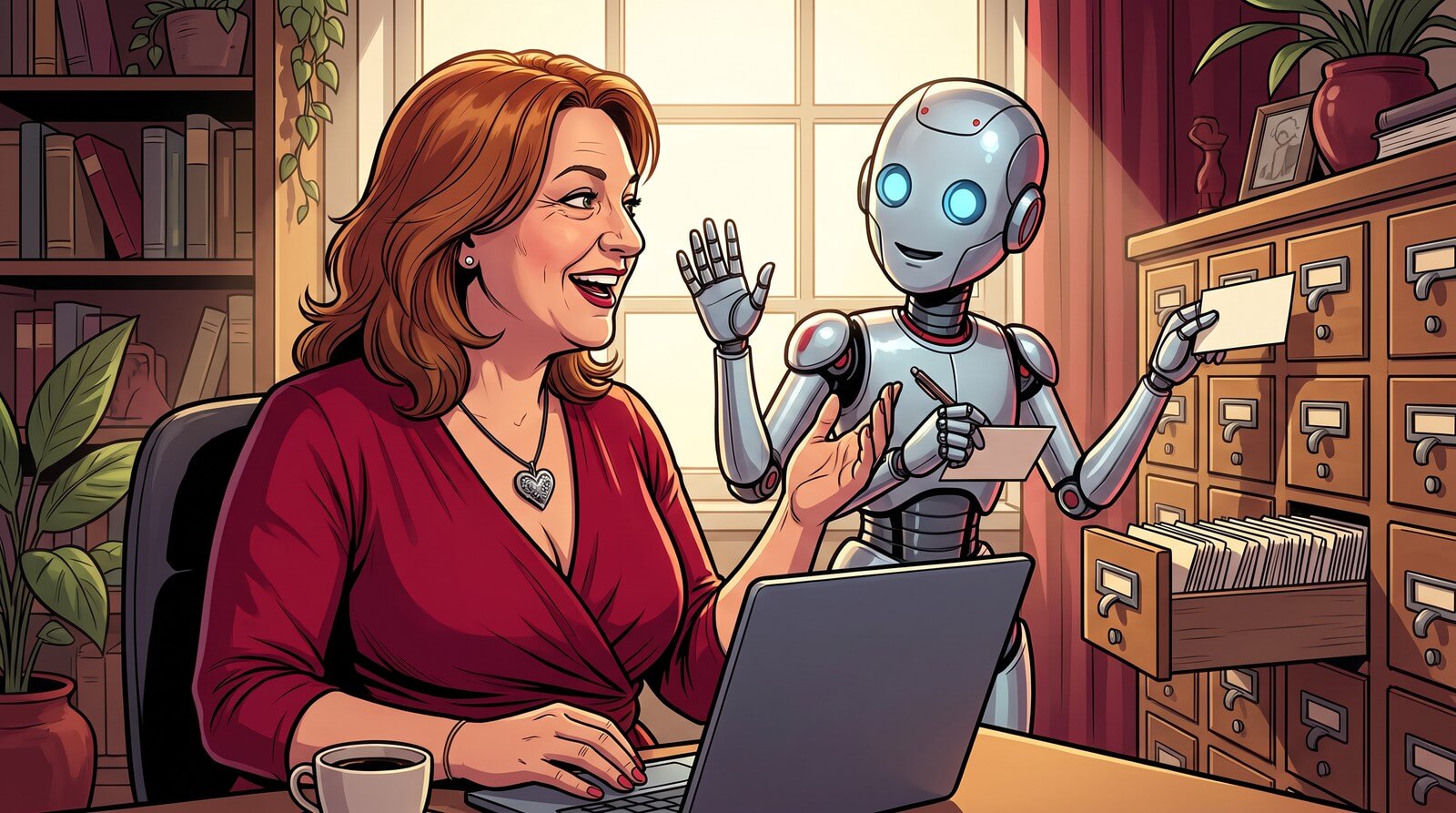 Comic: Meike am Laptop, neben ihr ein Roboter, der ihre Geste nachmacht und Karteikarten für den Karteikasten schreibt