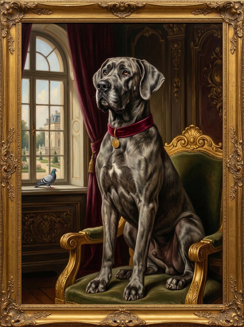 Brunhilde, Dänische Dogge, auf einem zu kleinen Thronsessel
