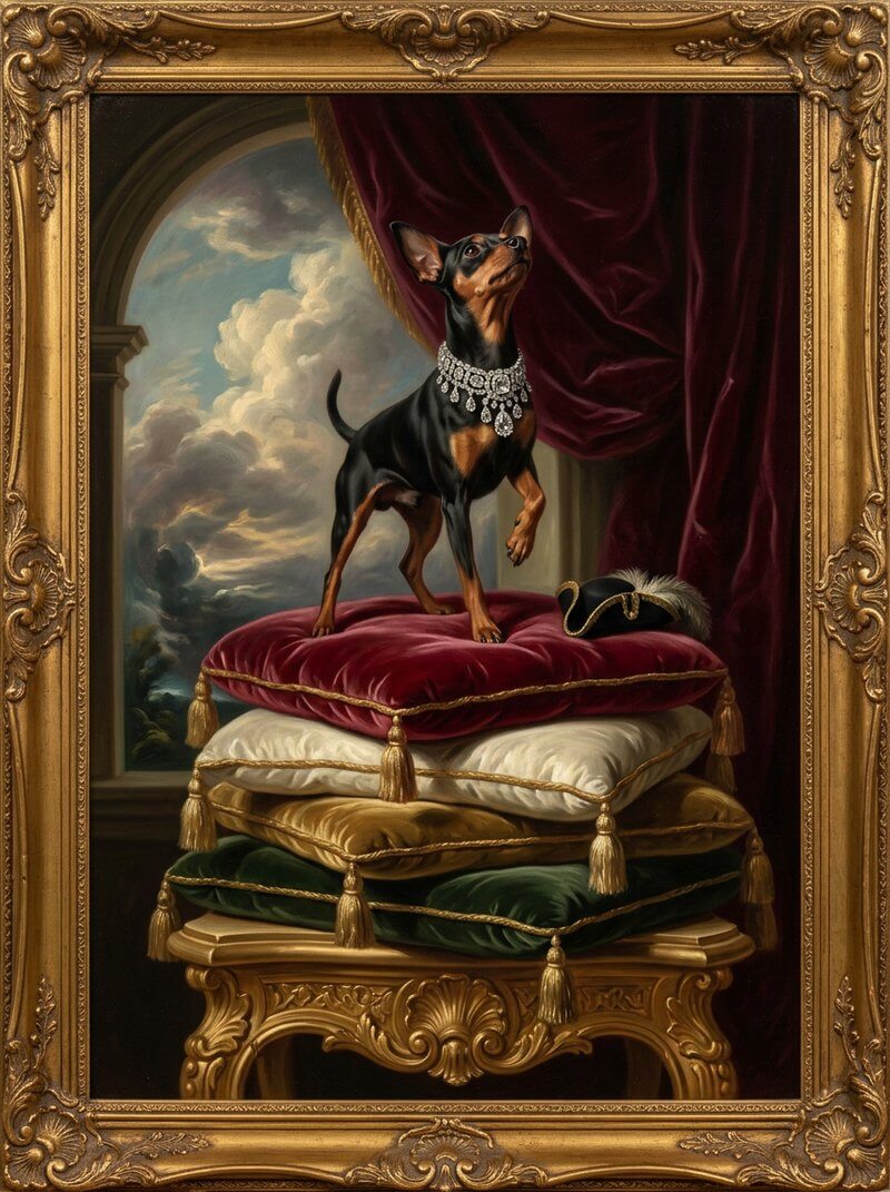 Napoleon, Zwergpinscher, auf einem Kissenturm mit Diamanthalsband