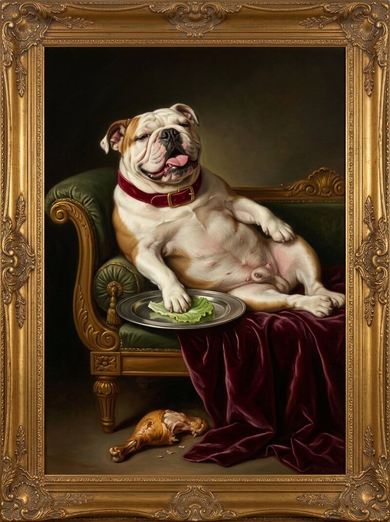 Knödel, Englische Bulldogge, auf einer Chaiselongue mit einem Salatblatt