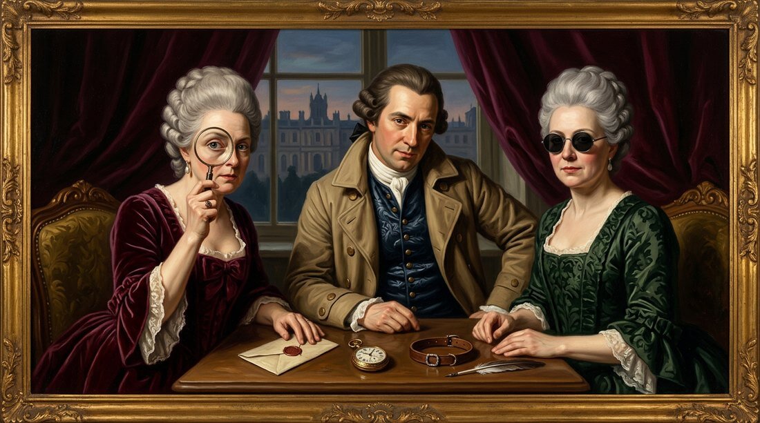 Drei Hofagent:innen am Tisch mit Lupe, Sonnenbrille und Trenchcoat, gemalt als barockes Gruppenporträt