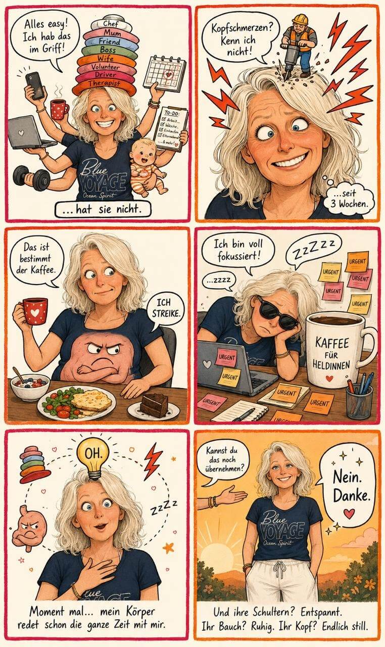 Sechsteiliger Comic: Eine Frau hat alles im Griff, bis ihr Körper die Streikerklärung schickt