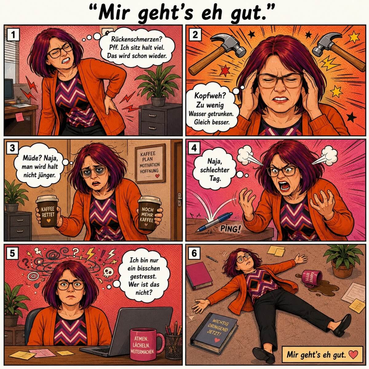 Sechsteiliger Comic „Mir geht's eh gut": Eine Frau ignoriert Rückenschmerzen, Kopfweh und Müdigkeit, bis sie umkippt