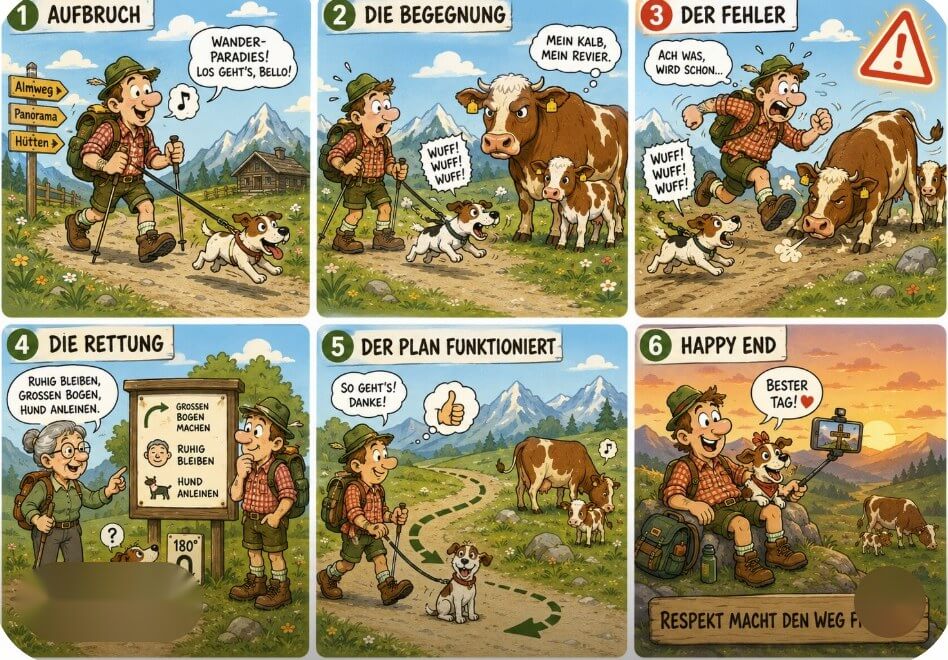 Sechsteiliger Comic: Ein Wanderer mit Hund trifft auf der Alm eine Kuh mit Kalb und lernt, Abstand zu halten