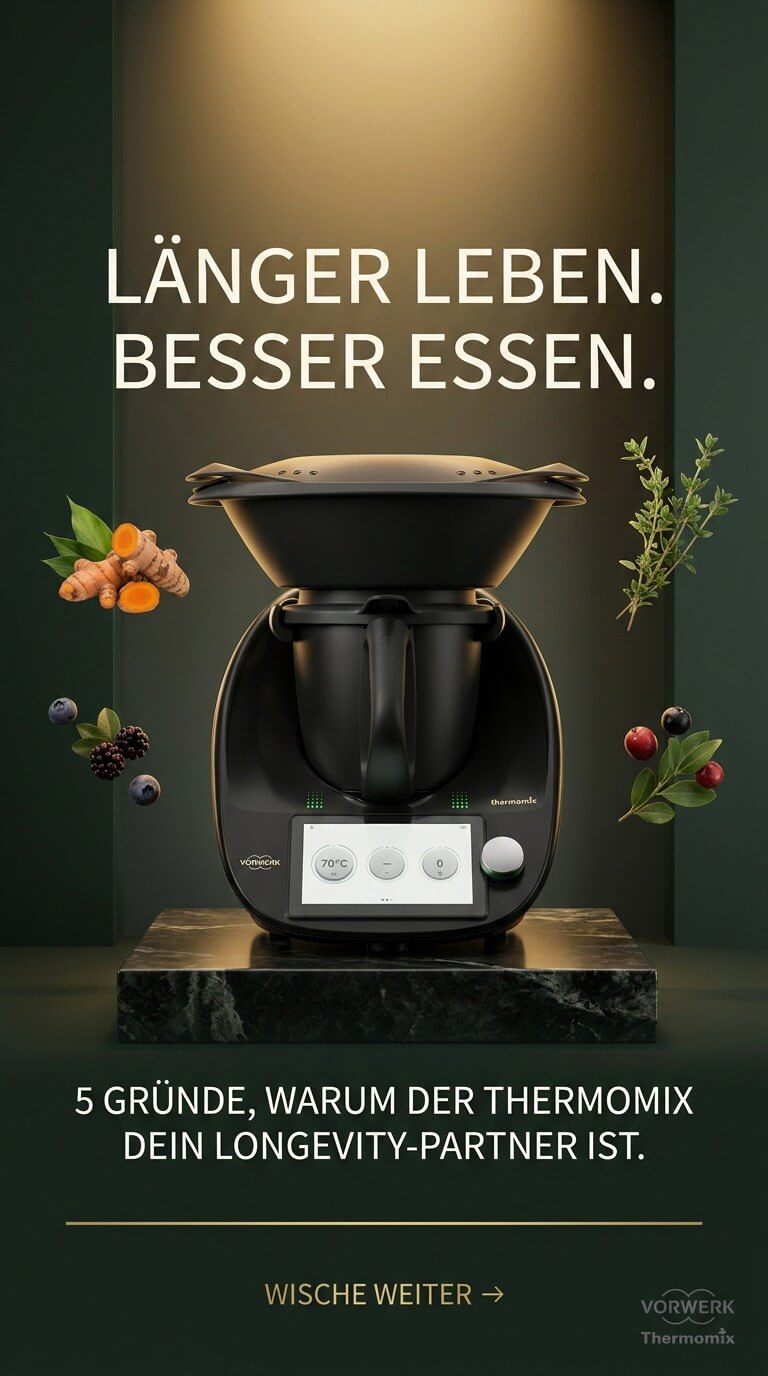 Titelbild „Länger leben. Besser essen.": schwarze Küchenmaschine auf Marmorsockel, umgeben von Kurkuma, Beeren und Kräutern