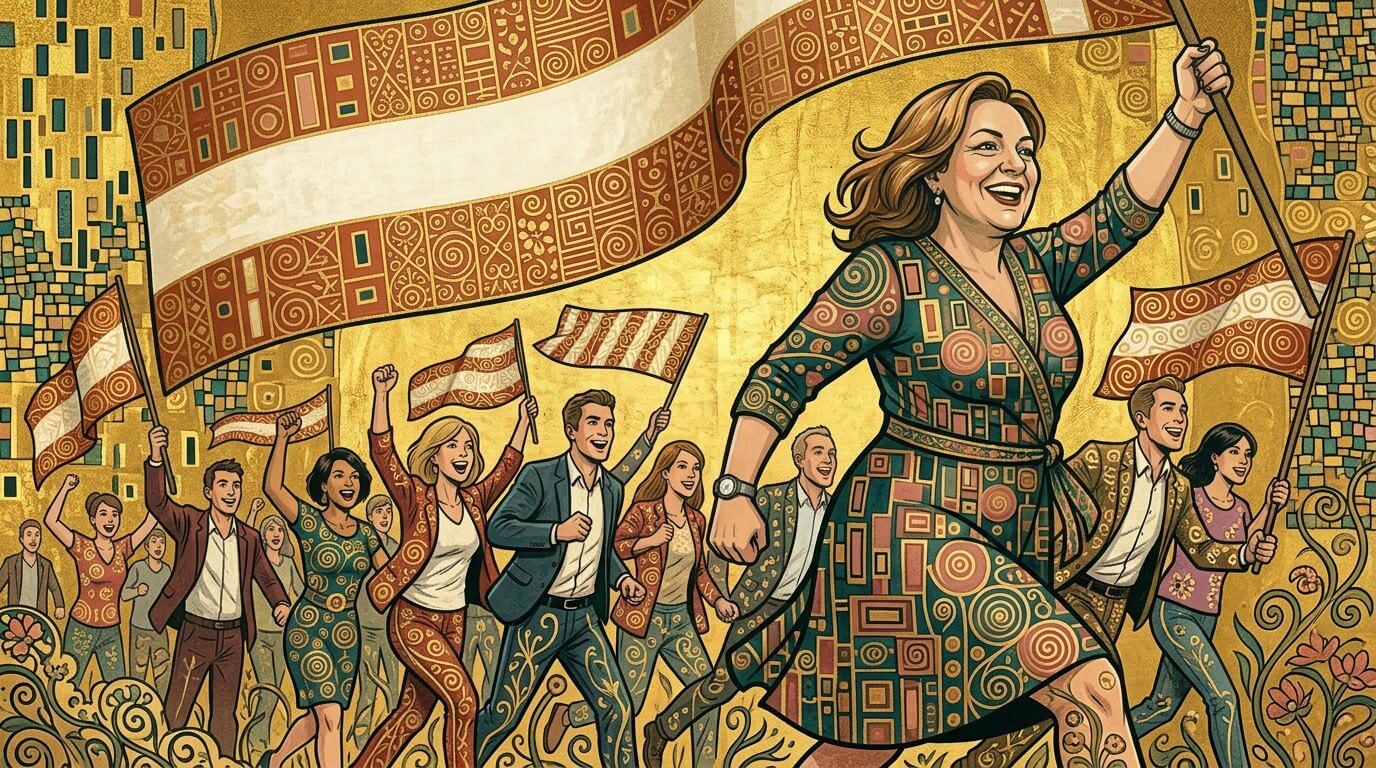 Eine Frau führt eine jubelnde Gruppe mit rot-weiß-roten Fahnen an, gemalt in Gold und Ornamenten im Stil der Wiener Secession