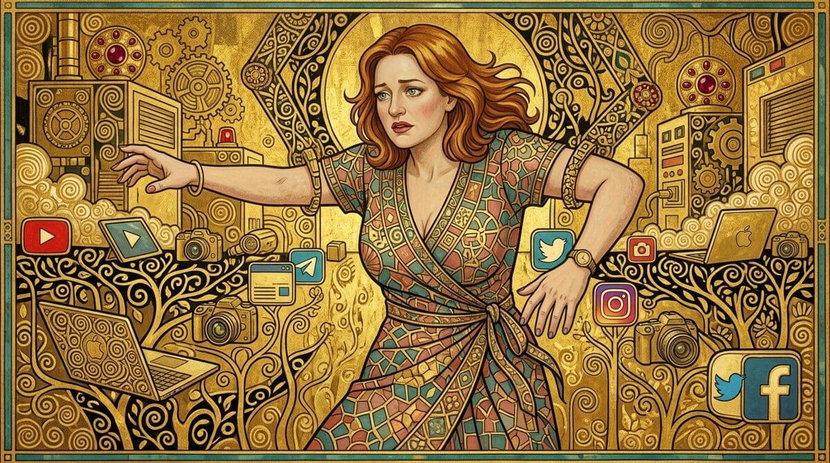 Frau im goldenen Jugendstil-Gewand zwischen Social-Media-Symbolen, gemalt im Stil der Wiener Secession