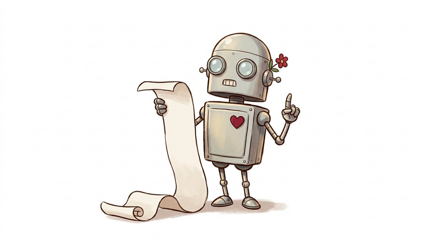 Ein Roboter sagt ein Muttertagsgedicht auf: Zeichentrickfigur mit Schriftrolle